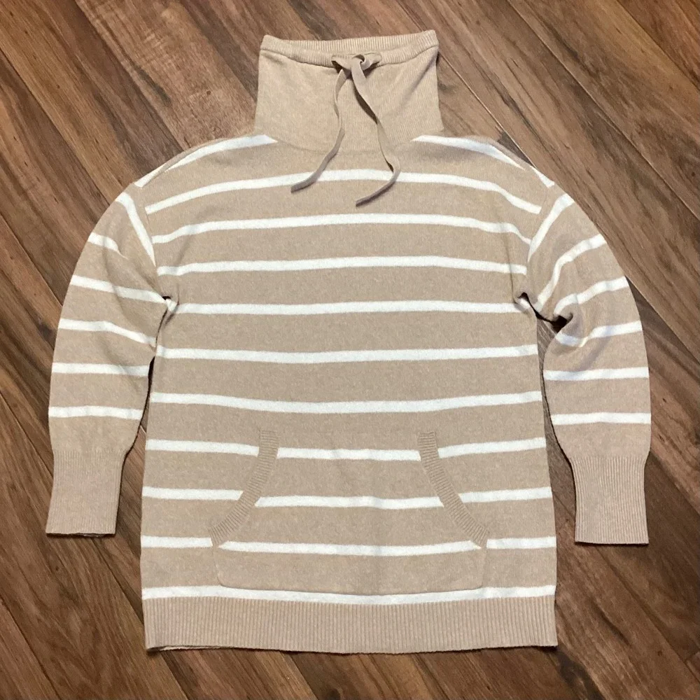 LOFT Womens Tan White Striped Funnel Neck Tunic Sweater Kangaroo Pocket Large